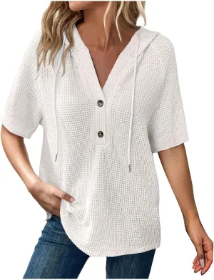 Spring Resort Wear Outfits Vacation Waffle Knit Tops Trendy 2025 Fashion Trends Cute Short Sleeve Hoodie Oversized