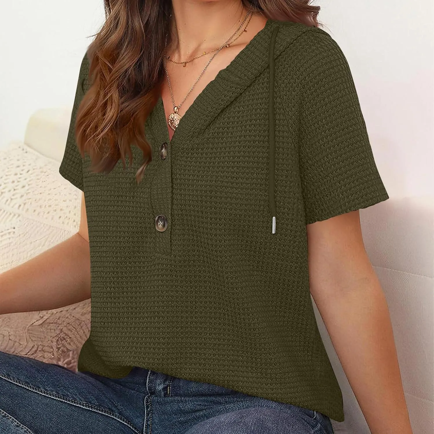 Spring Resort Wear Outfits Vacation Waffle Knit Tops Trendy 2025 Fashion Trends Cute Short Sleeve Hoodie Oversized