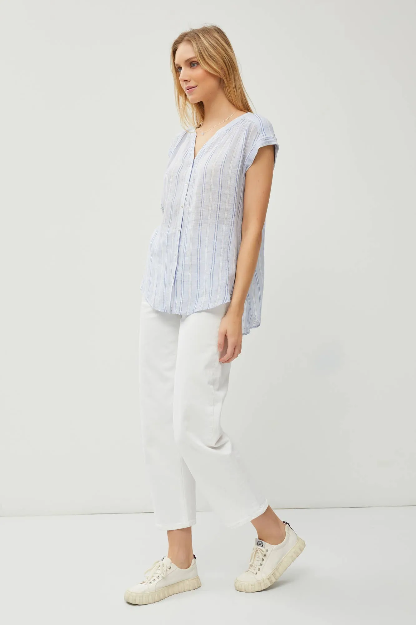 Striped Mandaring Collar Short Sleeve Linen Shirt