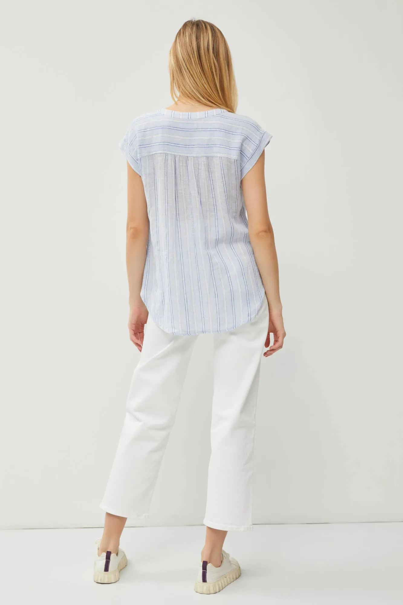 Striped Mandaring Collar Short Sleeve Linen Shirt