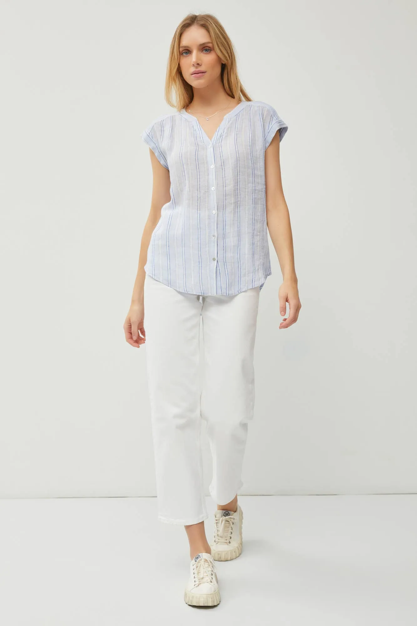 Striped Mandaring Collar Short Sleeve Linen Shirt