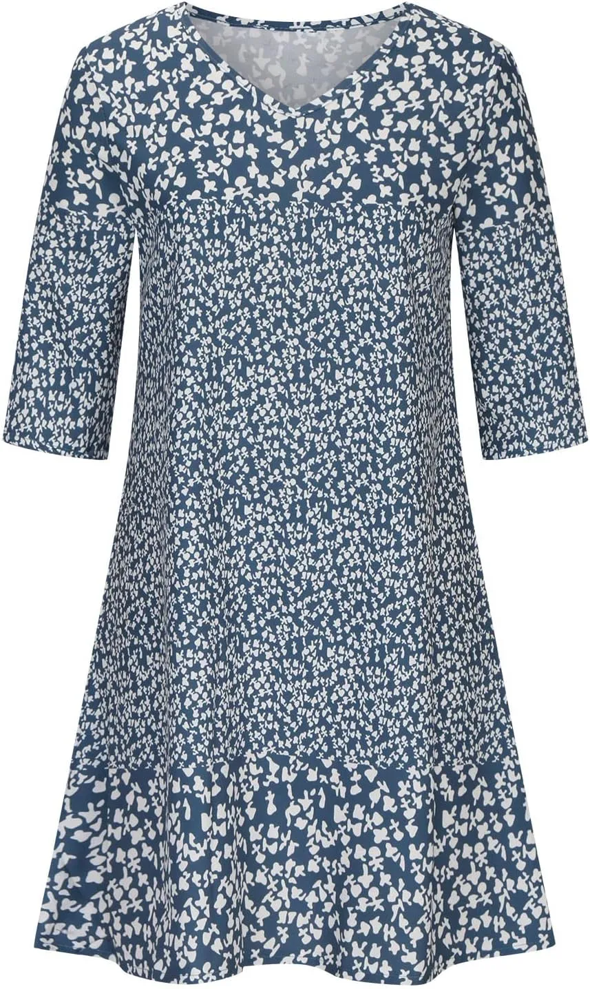 Summer Dresses for Women 2025 Vacation Floral Print 3/4 Sleeve V Neck Dress Comfy Lightweight Casual Fashion Dress