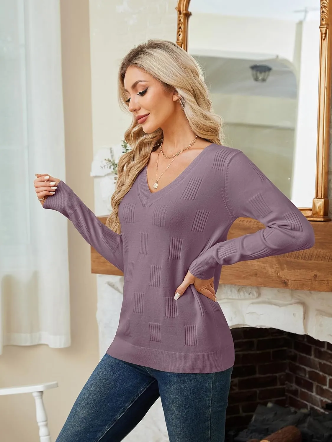 Sweaters for Women Trendy Fall Fashion 2025 Womens Long Sleeve Tops Shirts Blouses V Neck Casual Lightweight Pullover Sweater