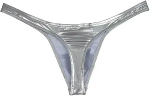 T Back Thongs Men Shiny Leather T-Back Underwear Male Bulge Panties Bikini Briefs-Silver-XL