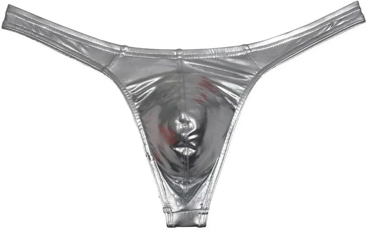 T Back Thongs Men Shiny Leather T-Back Underwear Male Bulge Panties Bikini Briefs-Silver-XL