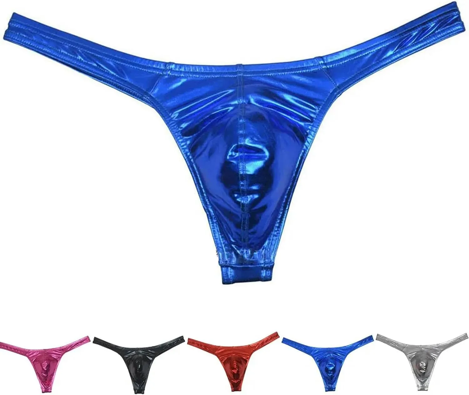 T Back Thongs Men Shiny Leather T-Back Underwear Male Bulge Panties Bikini Briefs-Silver-XL