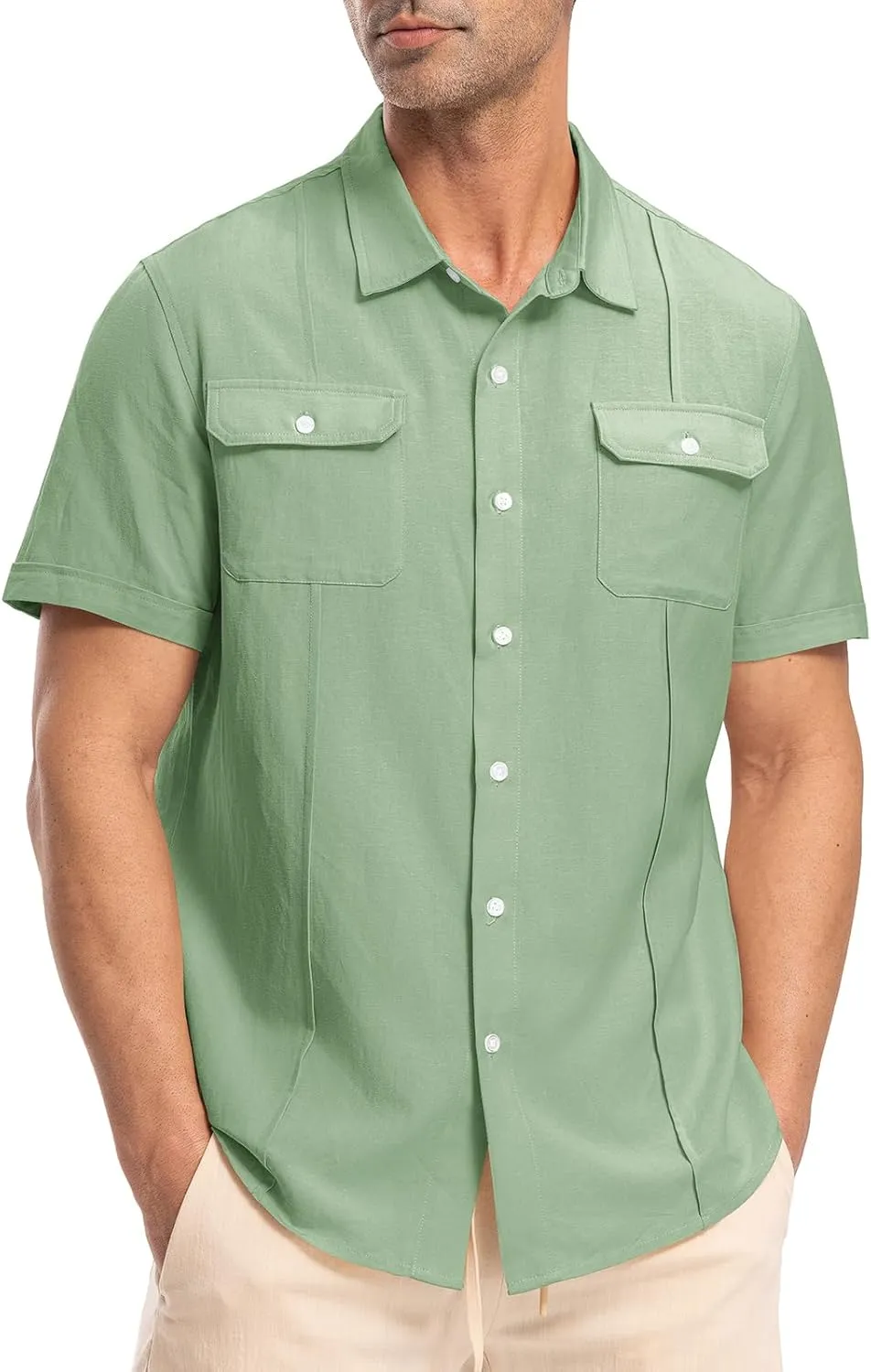 TBMPOY Mens Linen Button Down Shirts Short Sleeve Summer Beach Shirt Casual Hawaiian Dress Shirts for Men with Two Pockets