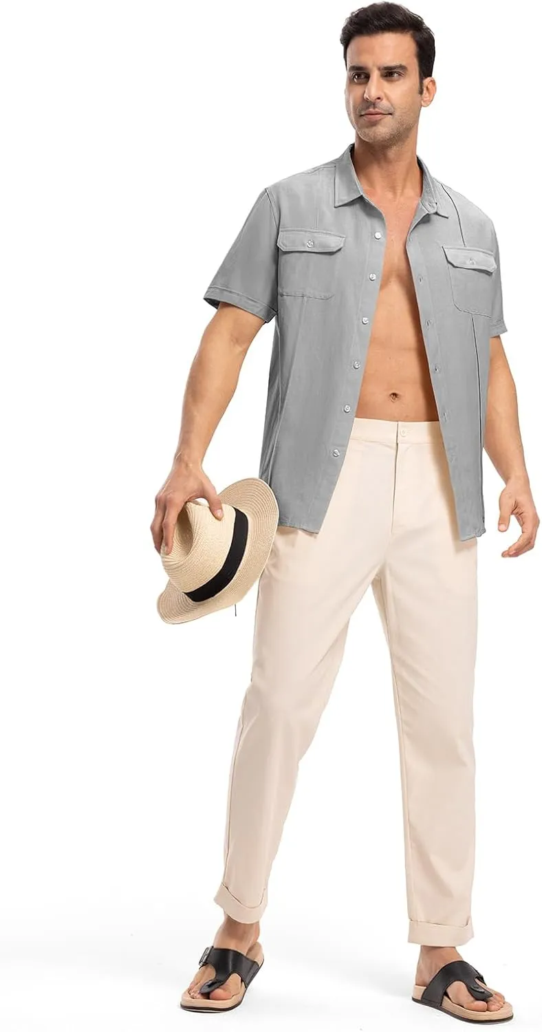 TBMPOY Mens Linen Button Down Shirts Short Sleeve Summer Beach Shirt Casual Hawaiian Dress Shirts for Men with Two Pockets