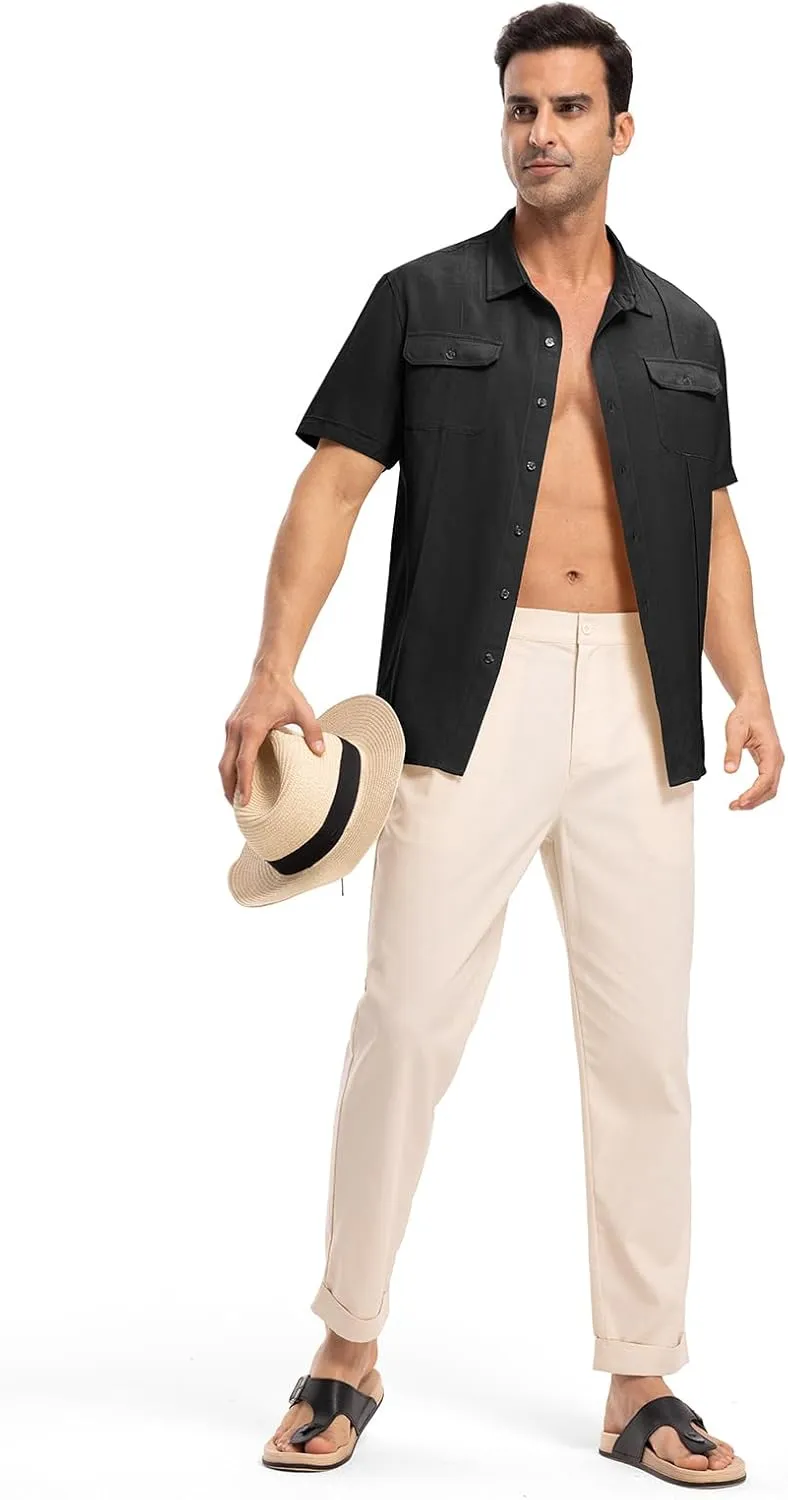 TBMPOY Mens Linen Button Down Shirts Short Sleeve Summer Beach Shirt Casual Hawaiian Dress Shirts for Men with Two Pockets