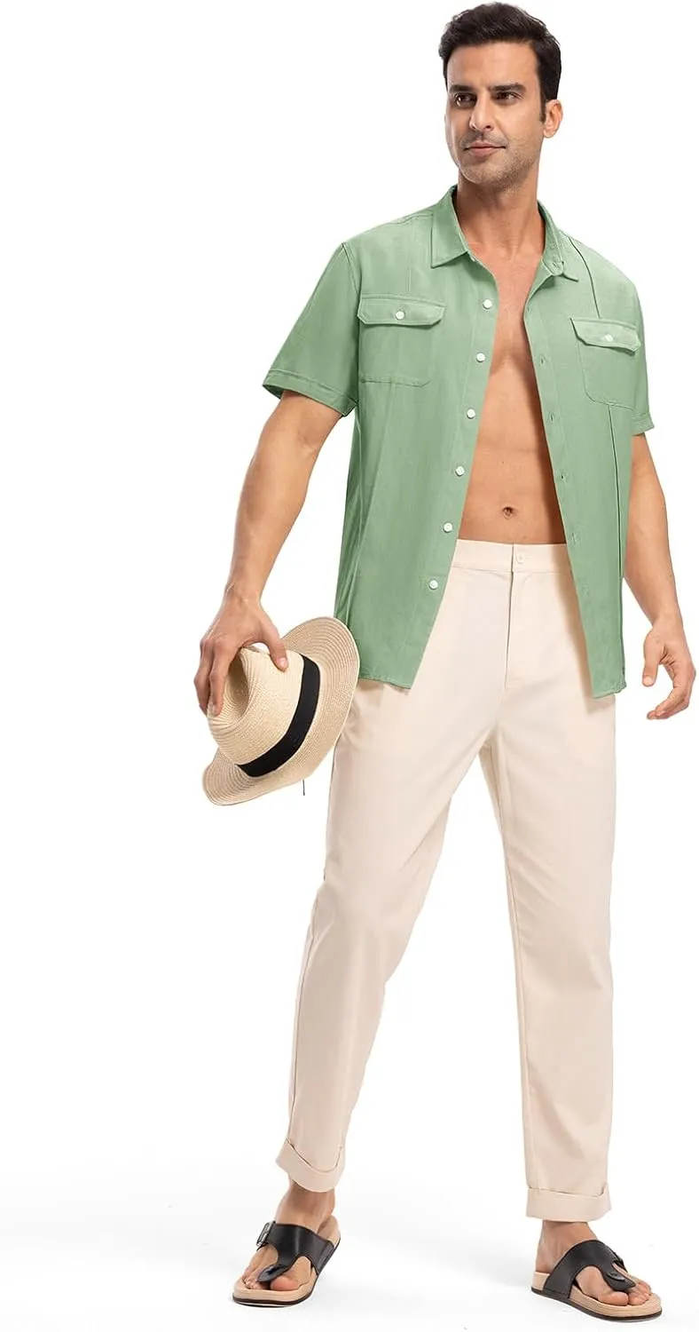 TBMPOY Mens Linen Button Down Shirts Short Sleeve Summer Beach Shirt Casual Hawaiian Dress Shirts for Men with Two Pockets
