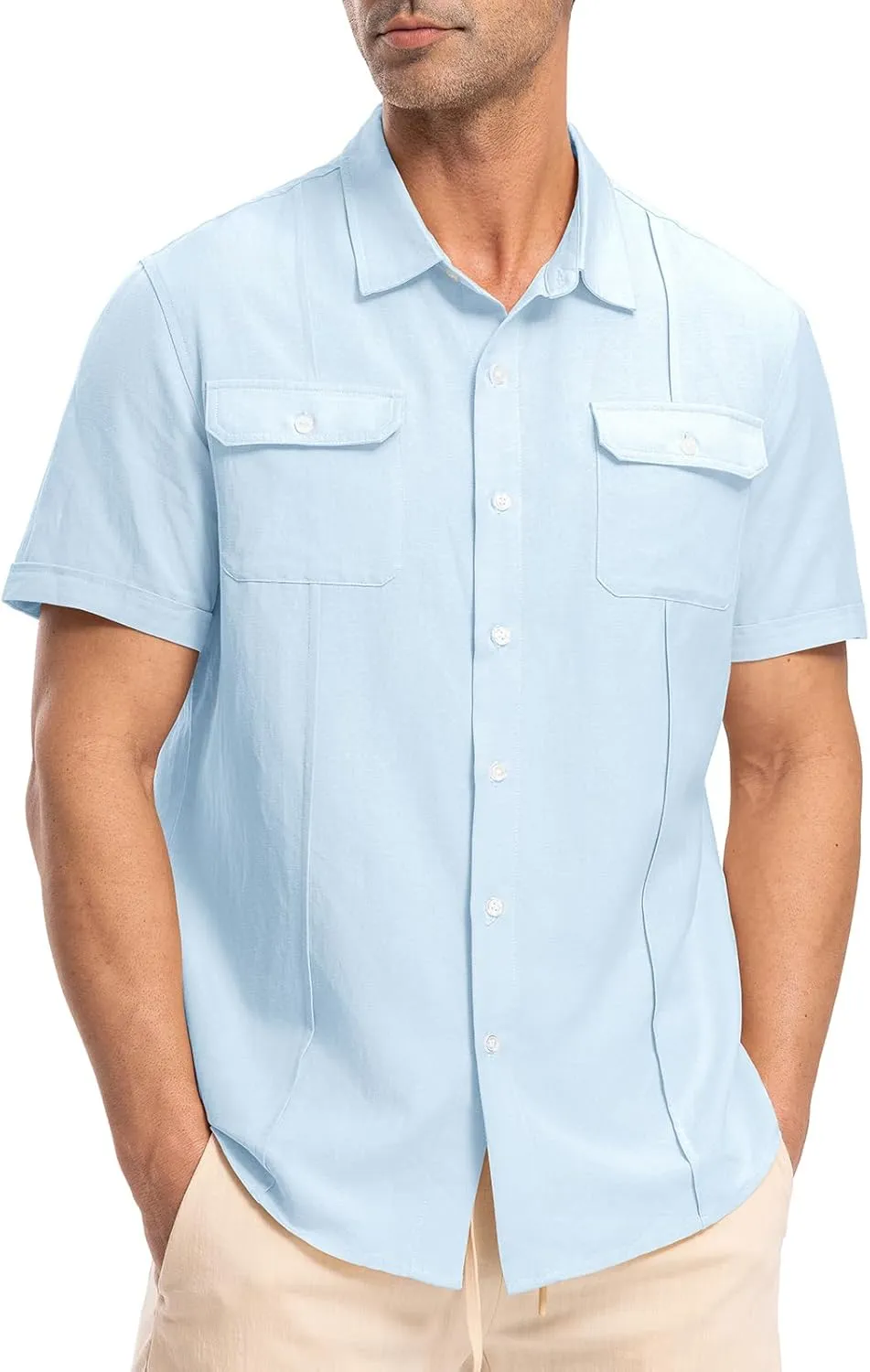 TBMPOY Mens Linen Button Down Shirts Short Sleeve Summer Beach Shirt Casual Hawaiian Dress Shirts for Men with Two Pockets