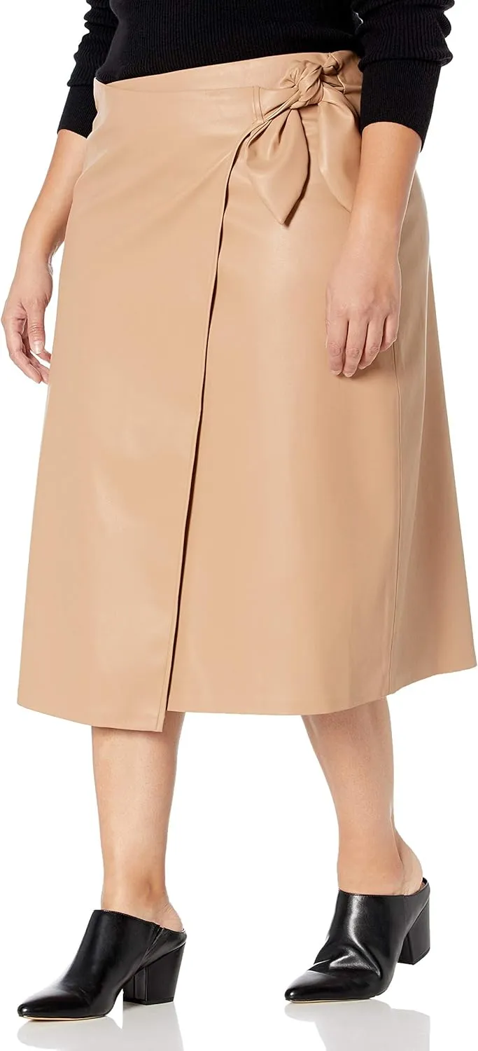 The Drop Women's Manon Vegan Leather Wrap-Front Midi Skirt