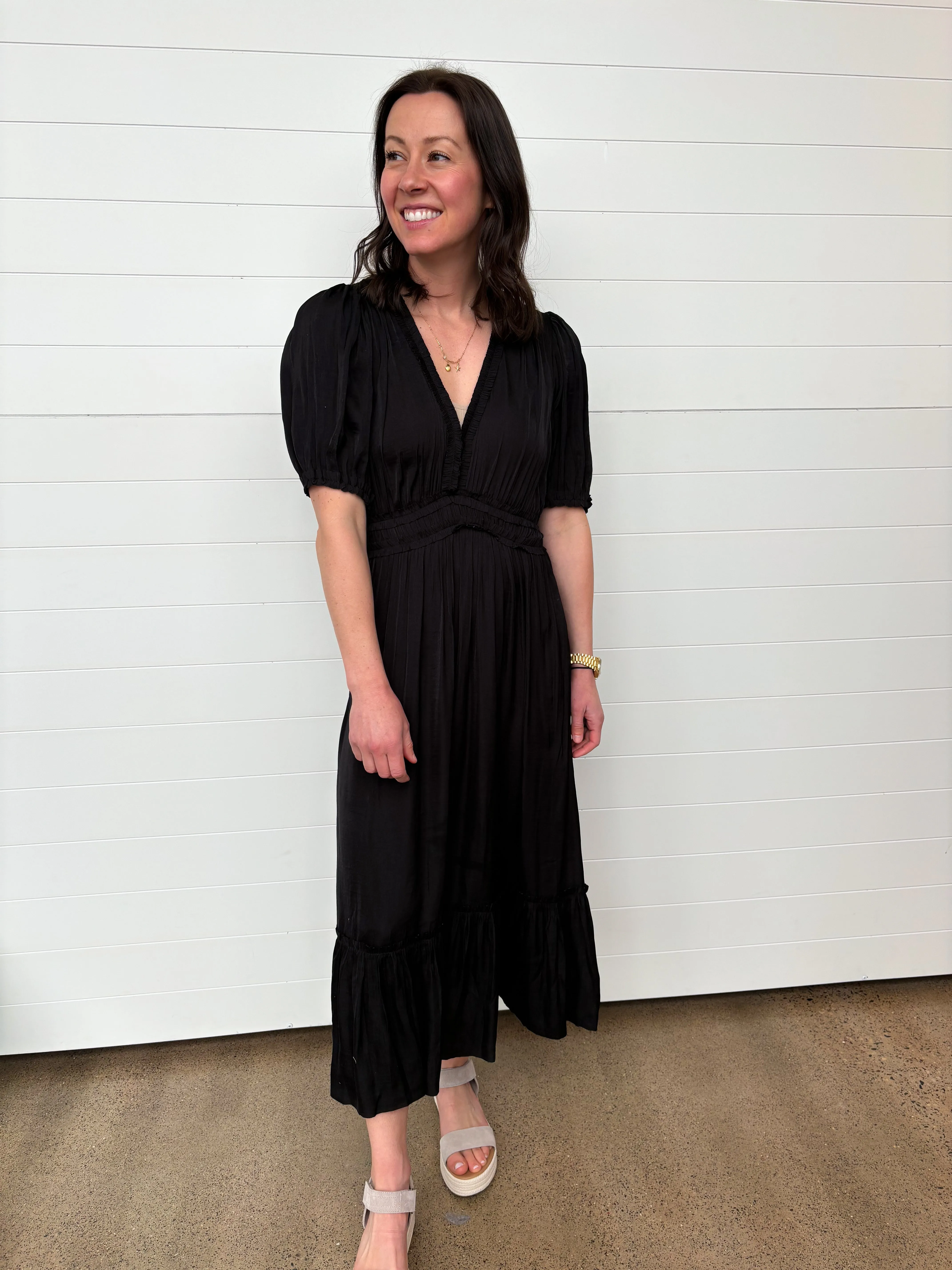 The Reanna V-Neck Satin Midi Dress