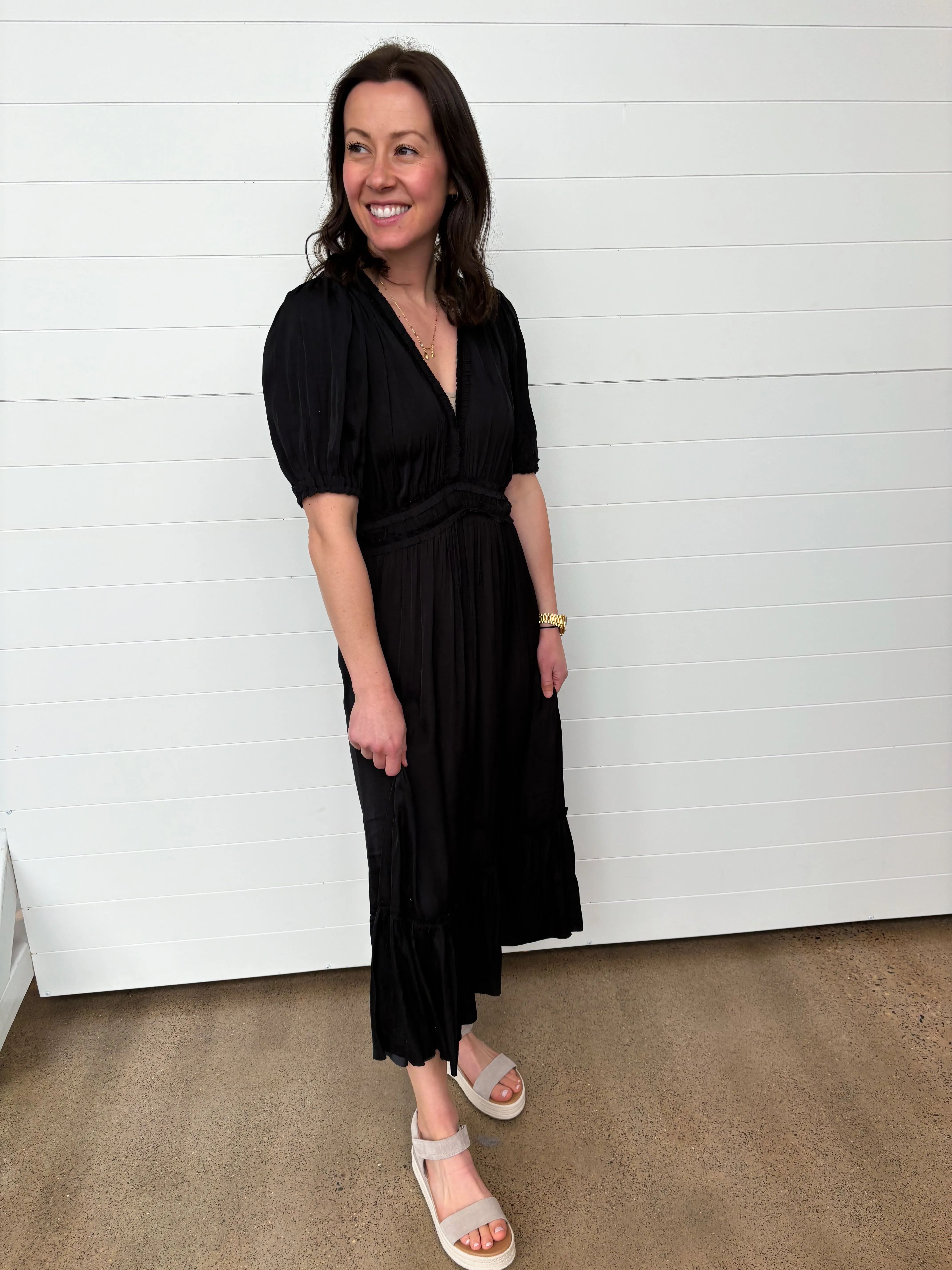 The Reanna V-Neck Satin Midi Dress
