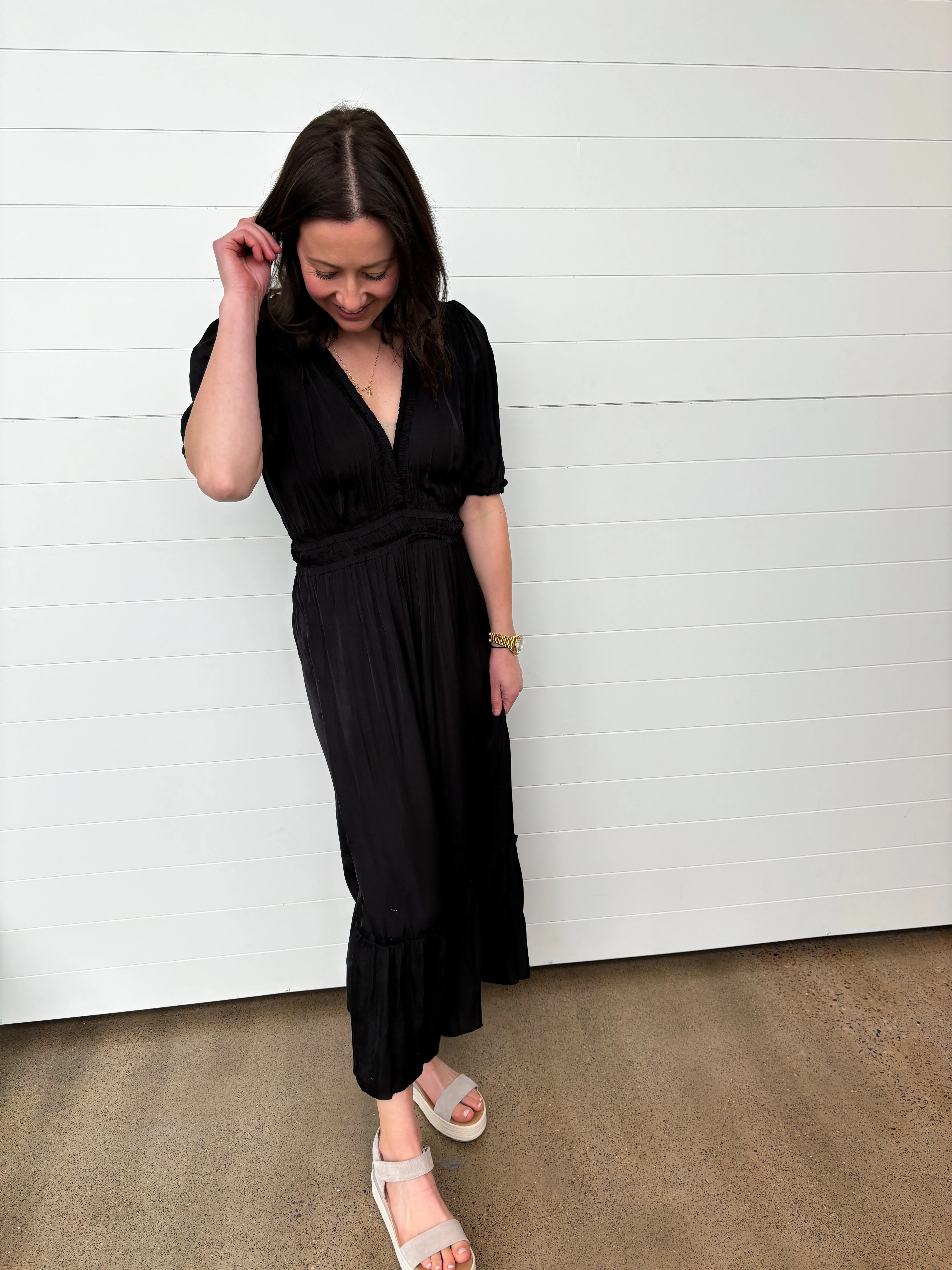 The Reanna V-Neck Satin Midi Dress