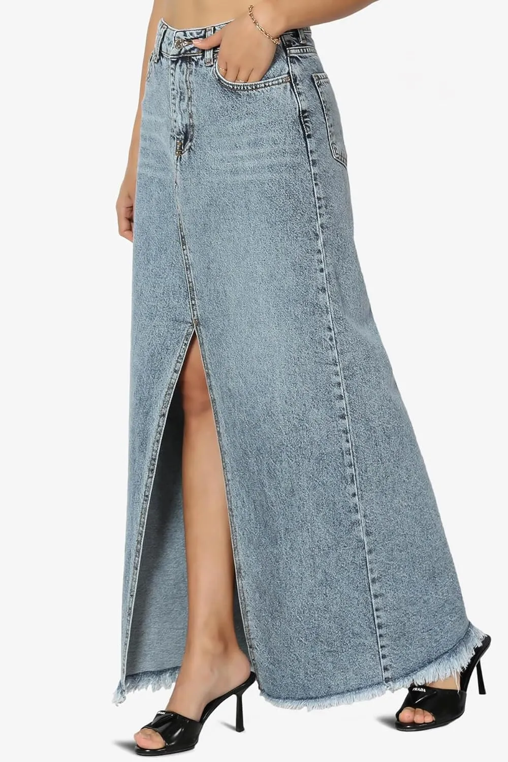 TheMogan Stone Wash Jean Pencil Knee Length Midi Stretch Denim Skirt