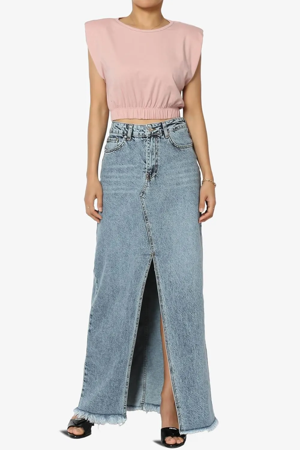 TheMogan Stone Wash Jean Pencil Knee Length Midi Stretch Denim Skirt