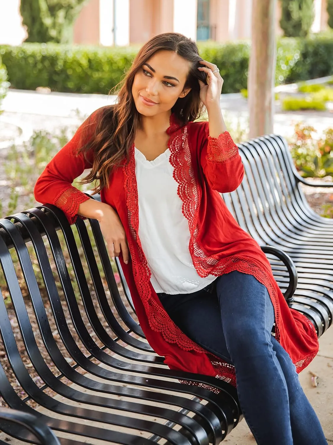 Tickled Teal Women's 3/4 Sleeve Lace Trim Casual Wrap Cardigan Coverup Outerwear Sweater