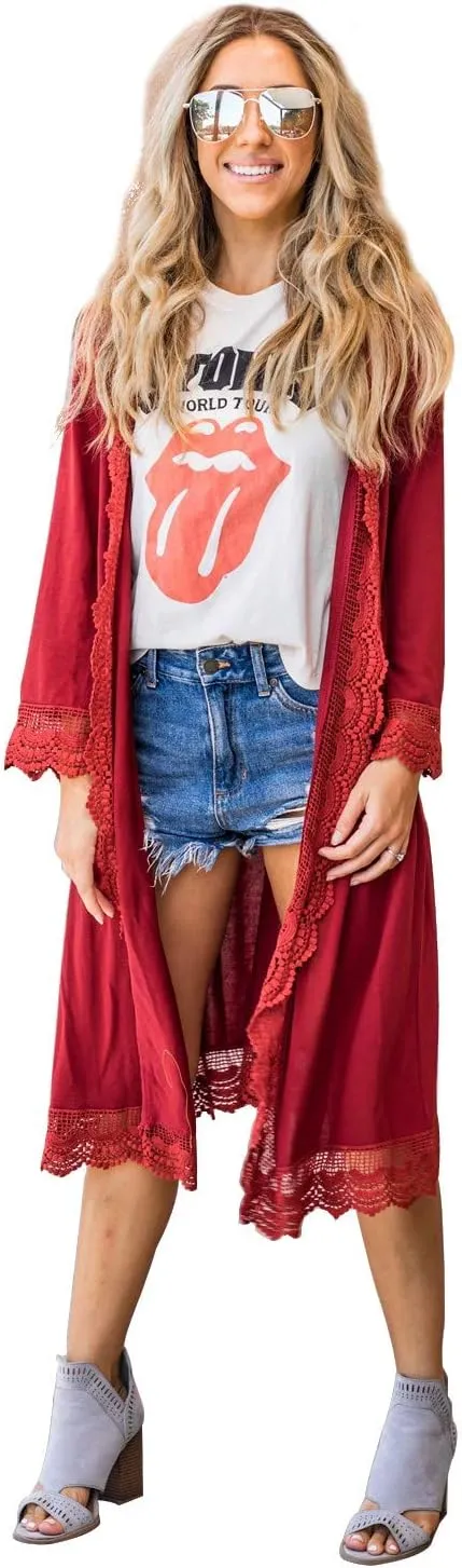 Tickled Teal Women's 3/4 Sleeve Lace Trim Casual Wrap Cardigan Coverup Outerwear Sweater