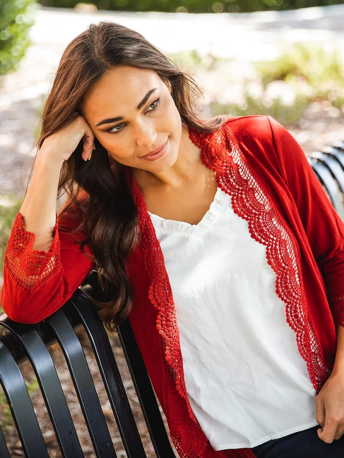 Tickled Teal Women's 3/4 Sleeve Lace Trim Casual Wrap Cardigan Coverup Outerwear Sweater