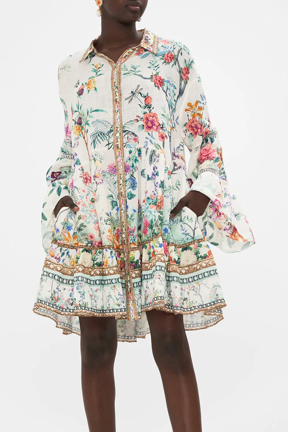 TIERED DRESS WITH LACE TRIM AT YOKE PLUMES AND PARTERRES
