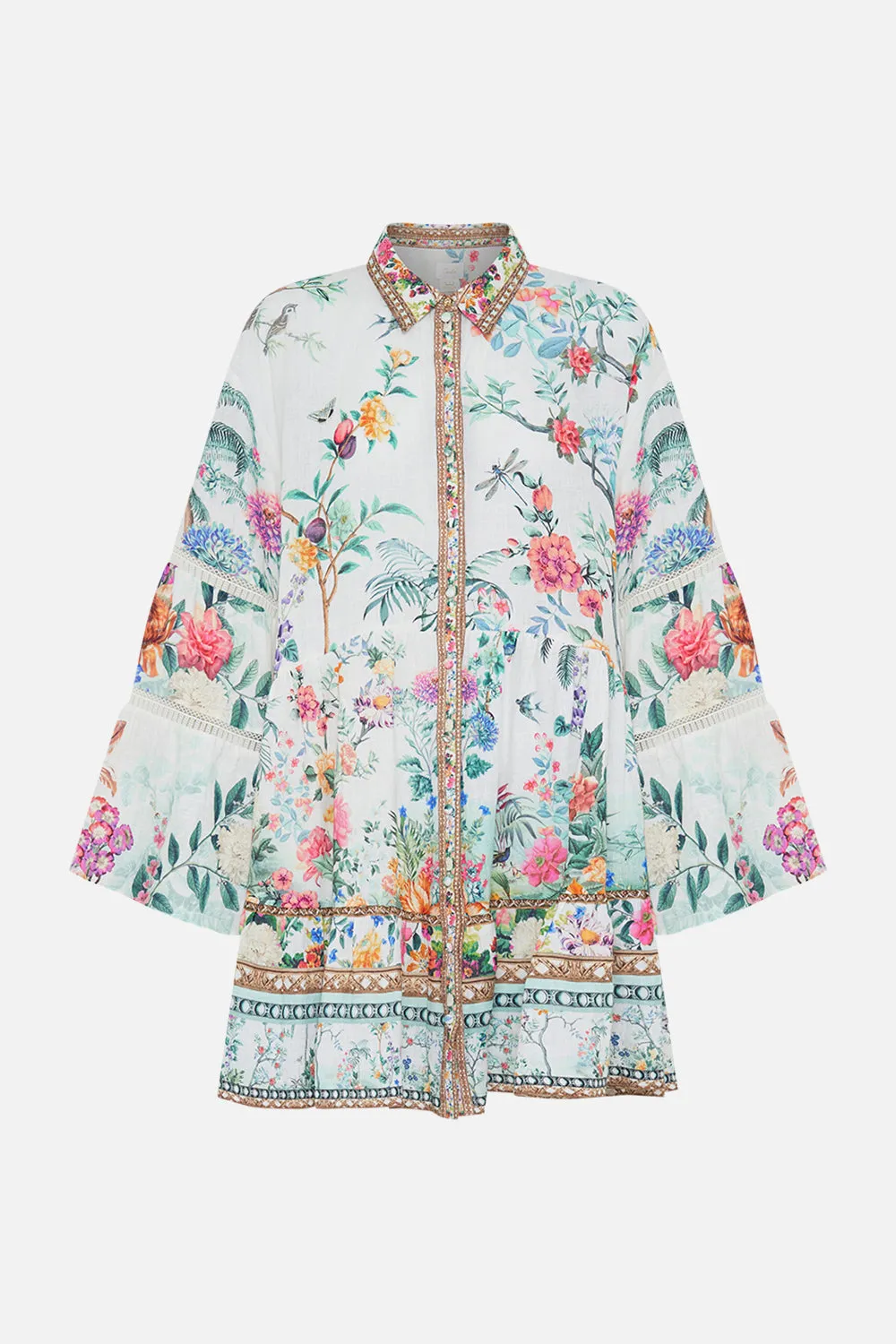 TIERED DRESS WITH LACE TRIM AT YOKE PLUMES AND PARTERRES