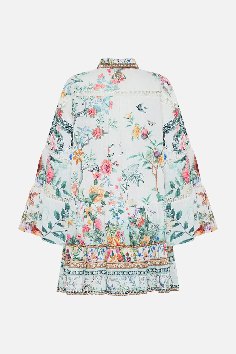 TIERED DRESS WITH LACE TRIM AT YOKE PLUMES AND PARTERRES