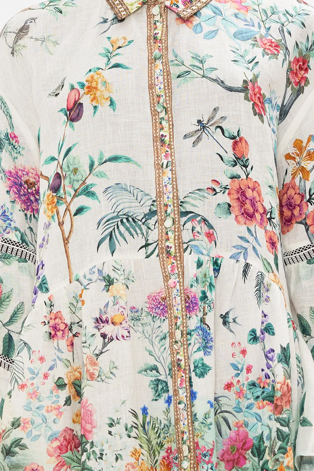 TIERED DRESS WITH LACE TRIM AT YOKE PLUMES AND PARTERRES