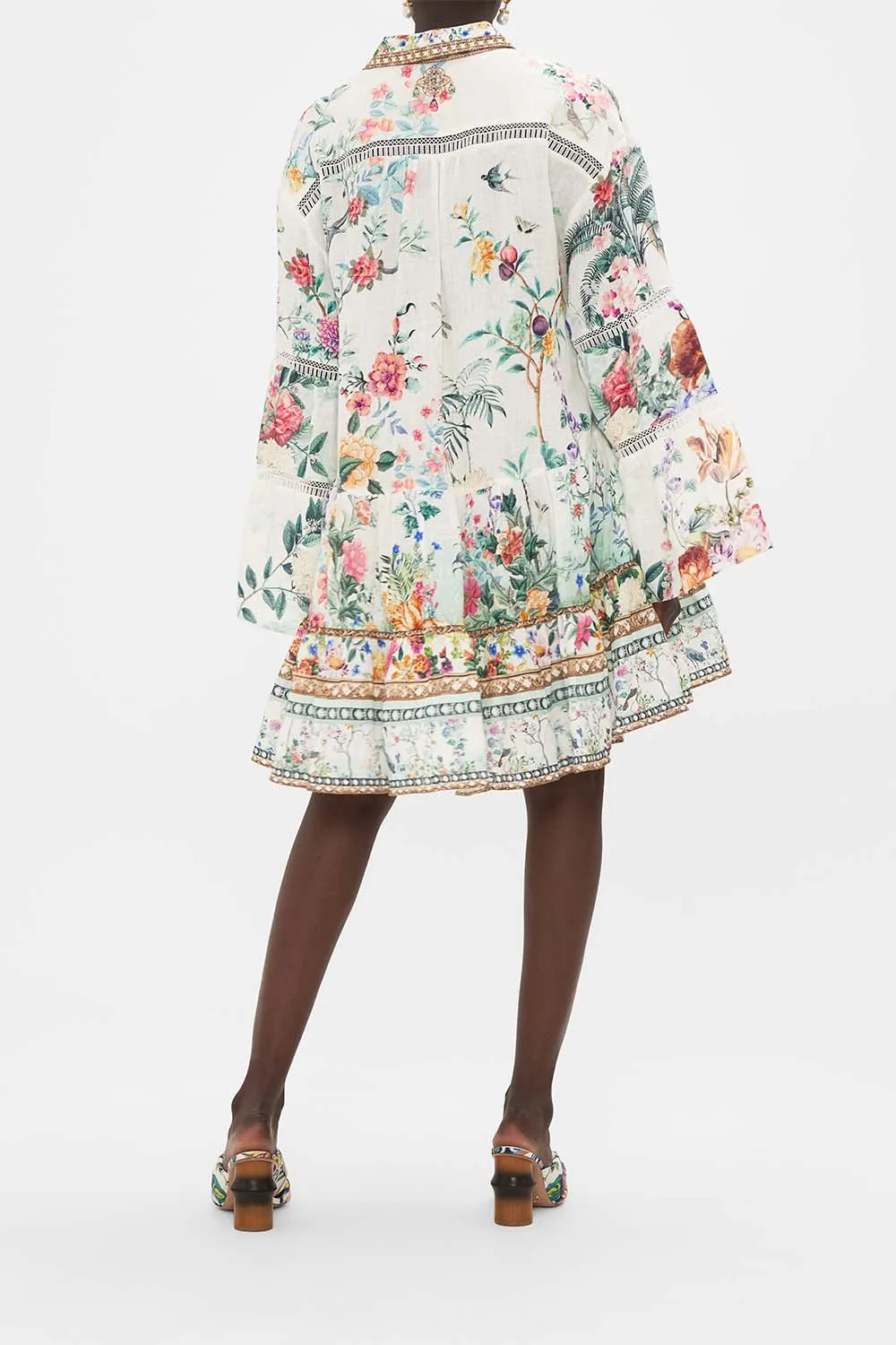TIERED DRESS WITH LACE TRIM AT YOKE PLUMES AND PARTERRES