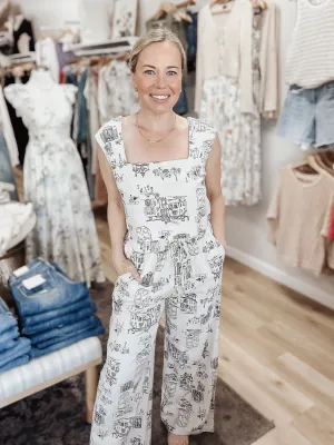 Toile Print Crop Top Wide Leg Pant Linen Set