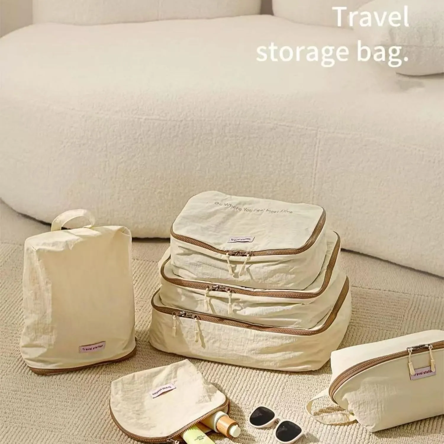 Travel Packing Cubes, Dorm Essential 6-Size Luggage Organizers Set, Waterproof Wrinkle-Free Bags for Clothes Underwear (White,S clothing storage bag)