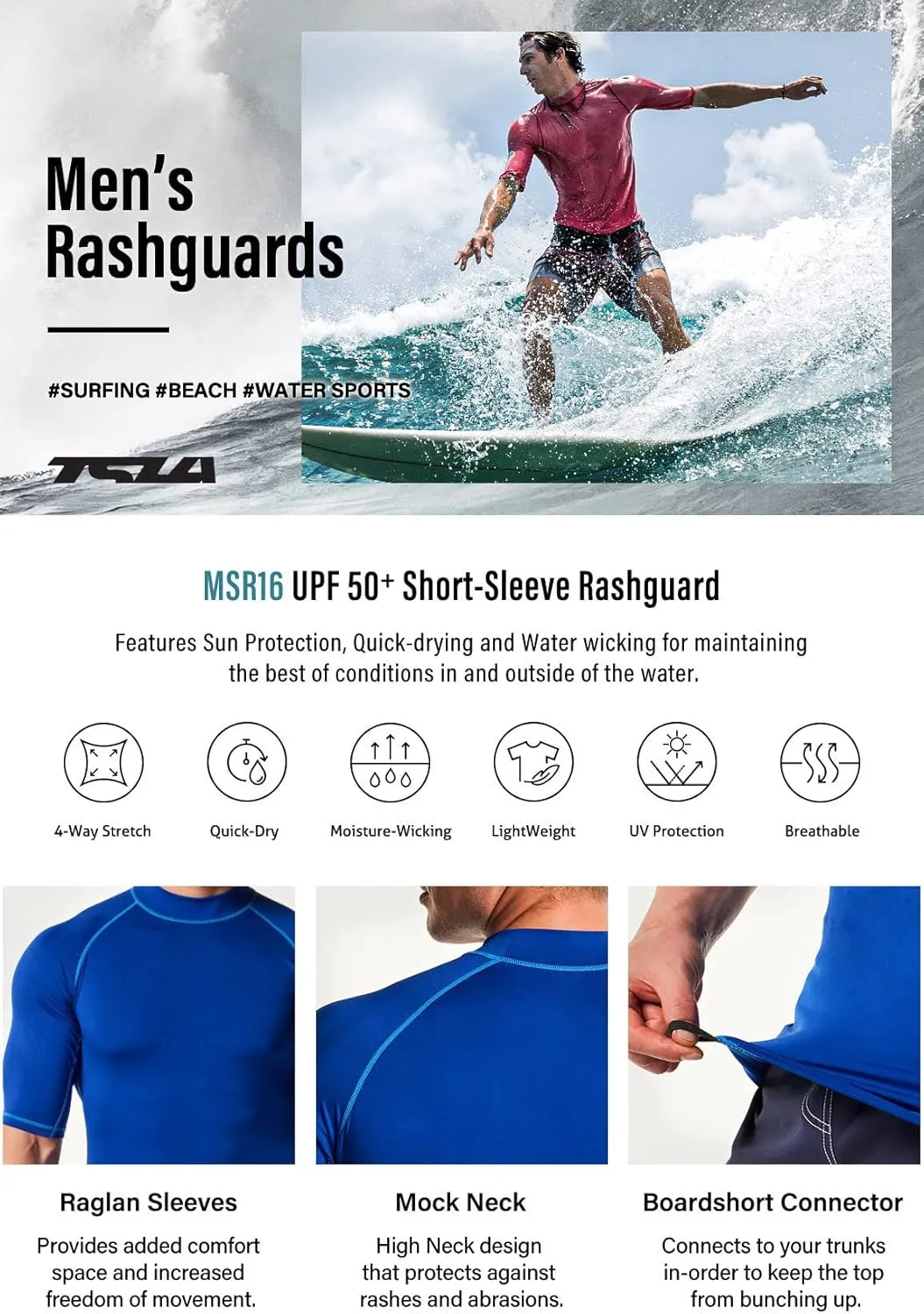 TSLA Men's Rash Guard Swim Shirts, UPF 50  Quick Dry Mid/Short Sleeve Swimming Shirt, UV/SPF Water Surf Shirts