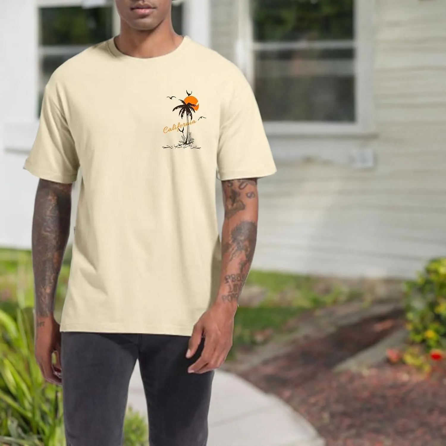 Tuislay Mens Graphic t-Shirts Casual Oversized Letter Print Beach Shirts Baggy Cotton Short Sleeve Tshirt Summer tee Top