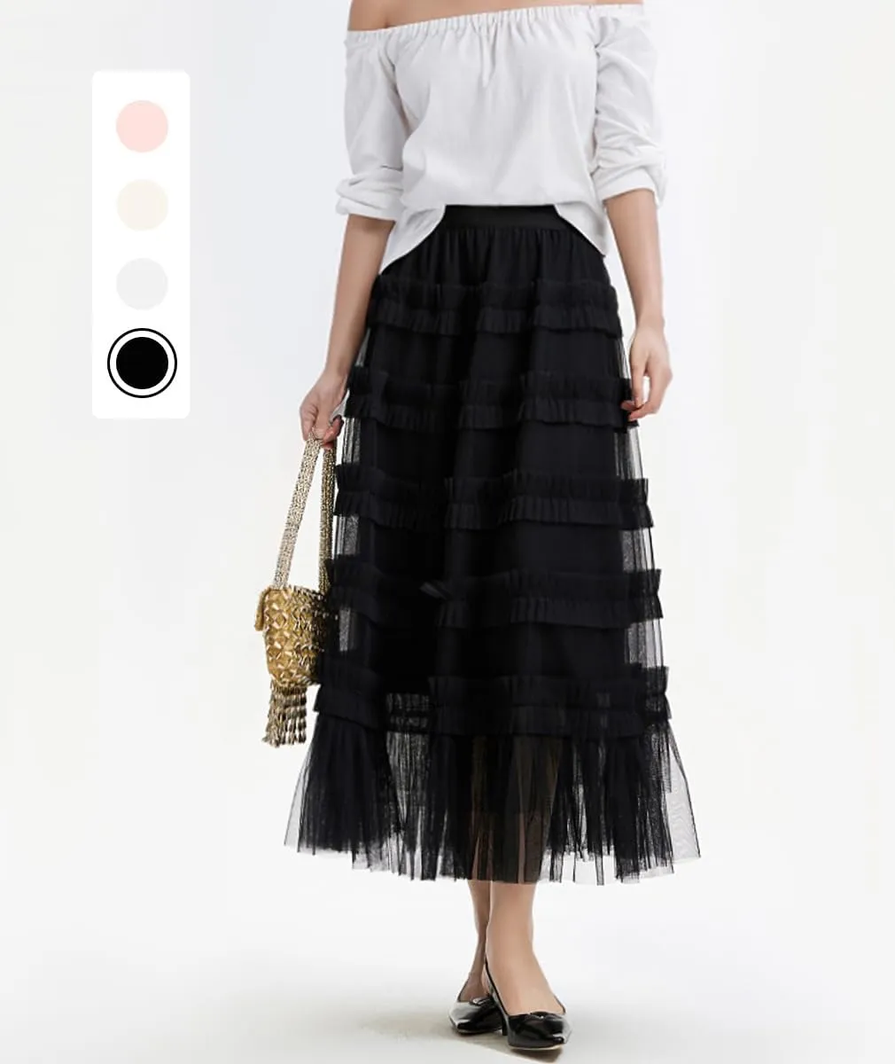 Tulle Skirts for Women Long Length Tutu Fairy Tiered Skirt A Line Mesh Elastic Waist Skirts