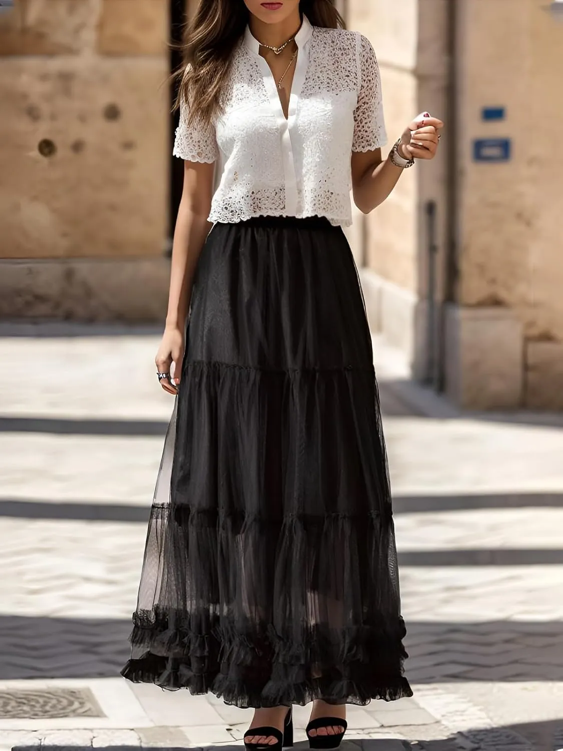 Tulle Skirts for Women Long Length Tutu Fairy Tiered Skirt A Line Mesh Elastic Waist Skirts