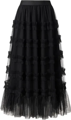 Tulle Skirts for Women Long Length Tutu Fairy Tiered Skirt A Line Mesh Elastic Waist Skirts