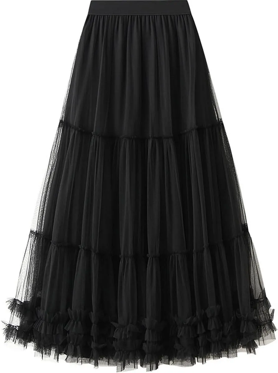 Tulle Skirts for Women Long Length Tutu Fairy Tiered Skirt A Line Mesh Elastic Waist Skirts