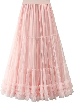 Tulle Skirts for Women Long Length Tutu Fairy Tiered Skirt A Line Mesh Elastic Waist Skirts