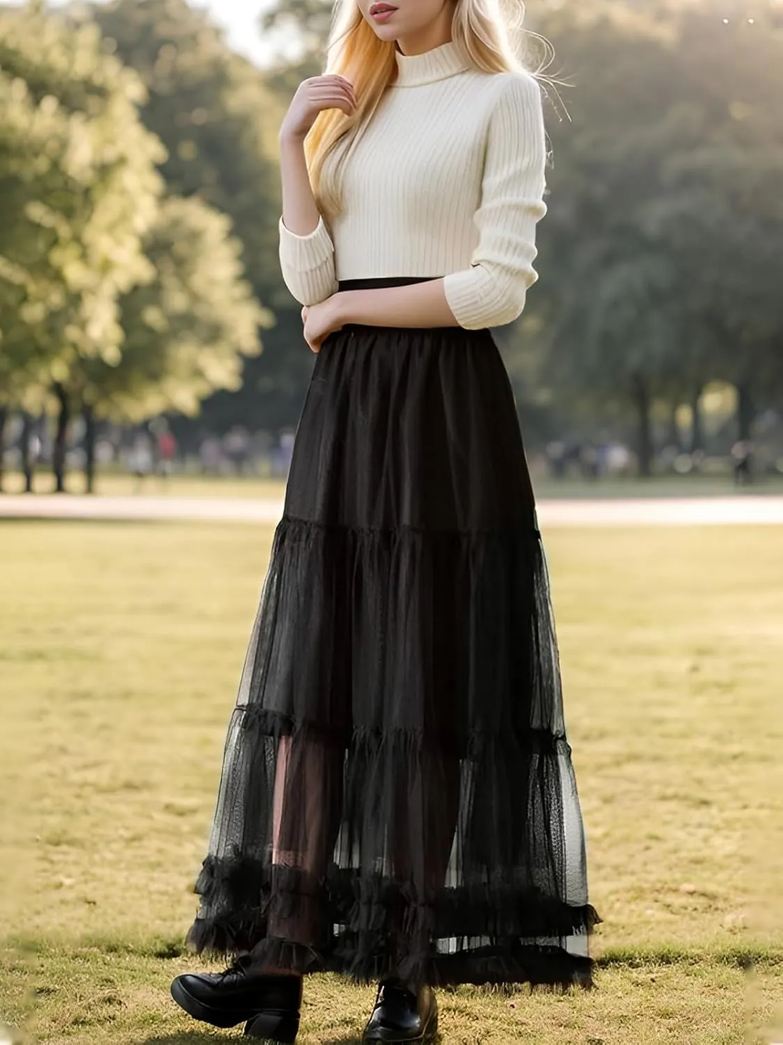 Tulle Skirts for Women Long Length Tutu Fairy Tiered Skirt A Line Mesh Elastic Waist Skirts