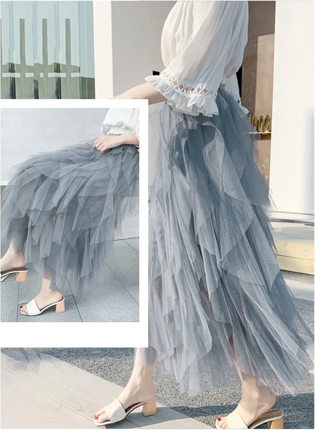 Tulle Skirts for Women Long Length Tutu Fairy Tiered Skirt A Line Mesh Elastic Waist Skirts