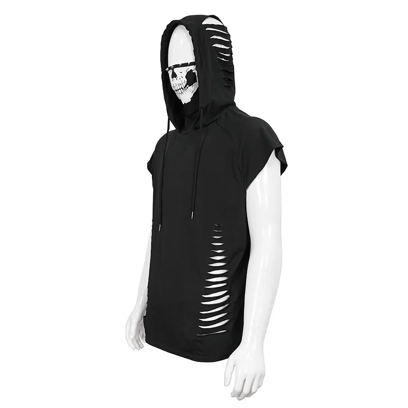 Turtleneck Mask Skull Printed Short Raglan Sleeves Hoodie / Men's Gothic Black Ripped Holes Hoodie