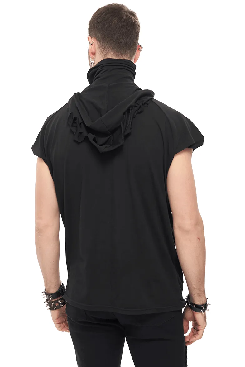 Turtleneck Mask Skull Printed Short Raglan Sleeves Hoodie / Men's Gothic Black Ripped Holes Hoodie