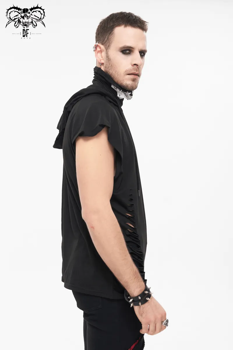 Turtleneck Mask Skull Printed Short Raglan Sleeves Hoodie / Men's Gothic Black Ripped Holes Hoodie