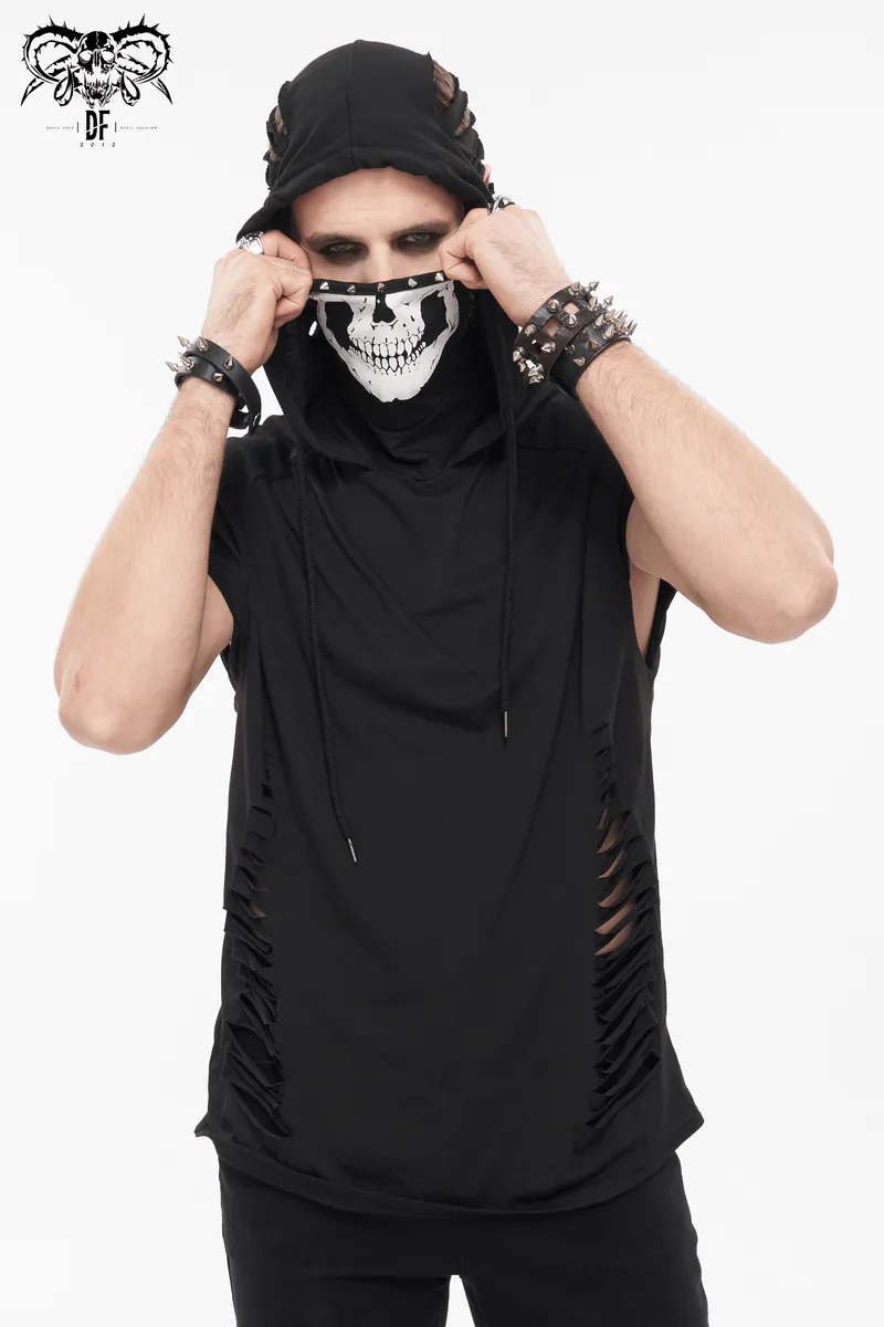 Turtleneck Mask Skull Printed Short Raglan Sleeves Hoodie / Men's Gothic Black Ripped Holes Hoodie