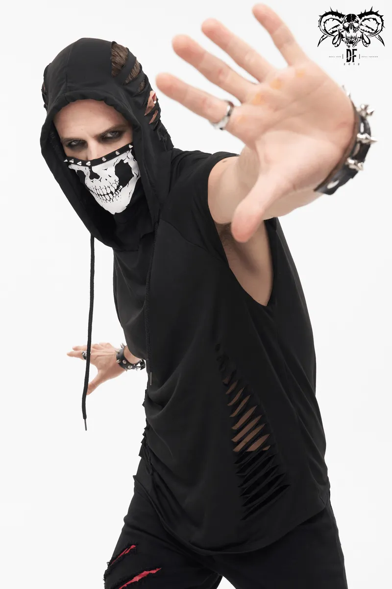 Turtleneck Mask Skull Printed Short Raglan Sleeves Hoodie / Men's Gothic Black Ripped Holes Hoodie
