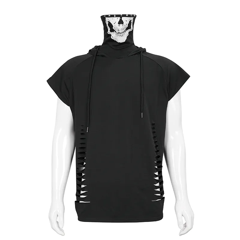 Turtleneck Mask Skull Printed Short Raglan Sleeves Hoodie / Men's Gothic Black Ripped Holes Hoodie