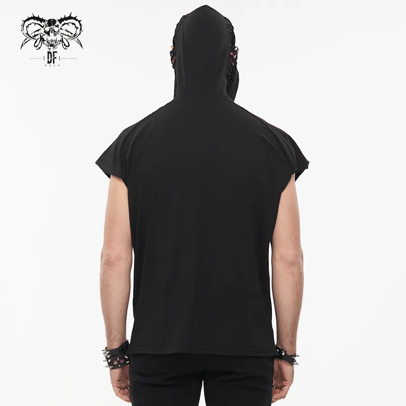 Turtleneck Mask Skull Printed Short Raglan Sleeves Hoodie / Men's Gothic Black Ripped Holes Hoodie