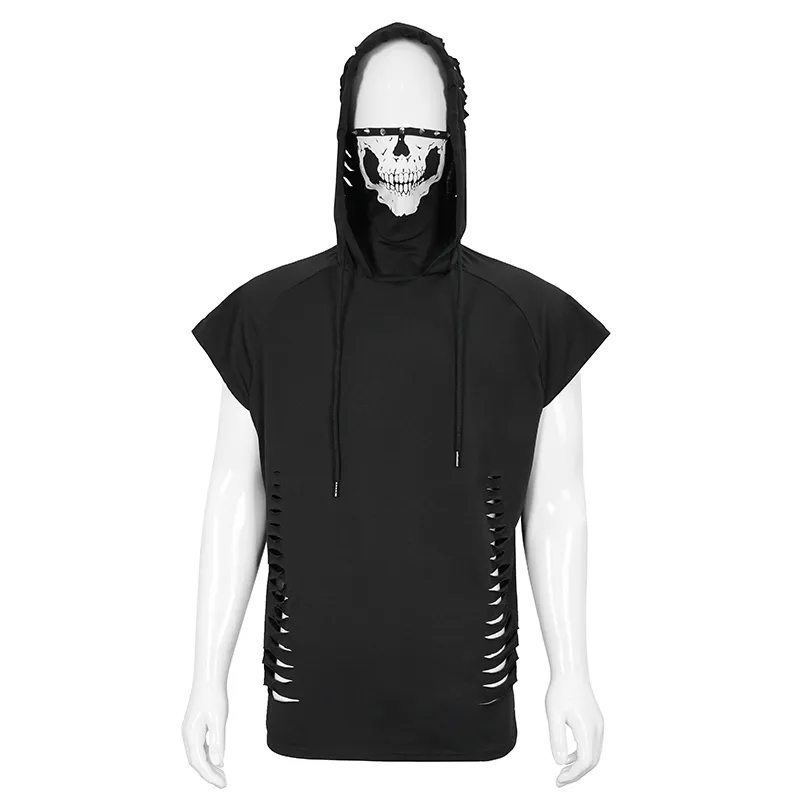 Turtleneck Mask Skull Printed Short Raglan Sleeves Hoodie / Men's Gothic Black Ripped Holes Hoodie
