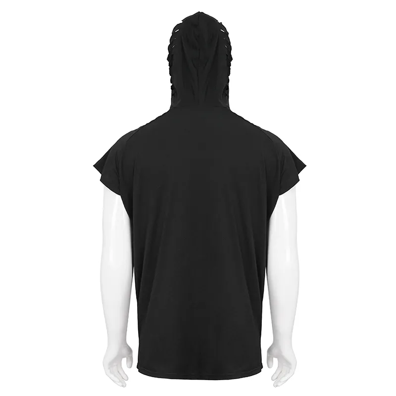 Turtleneck Mask Skull Printed Short Raglan Sleeves Hoodie / Men's Gothic Black Ripped Holes Hoodie