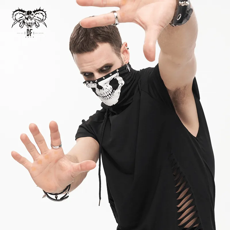 Turtleneck Mask Skull Printed Short Raglan Sleeves Hoodie / Men's Gothic Black Ripped Holes Hoodie